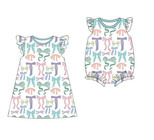 3.10 custom each style moq 5eta 4-6week Sibling Sister bow baby girl short sleeve dress and rompers match family design