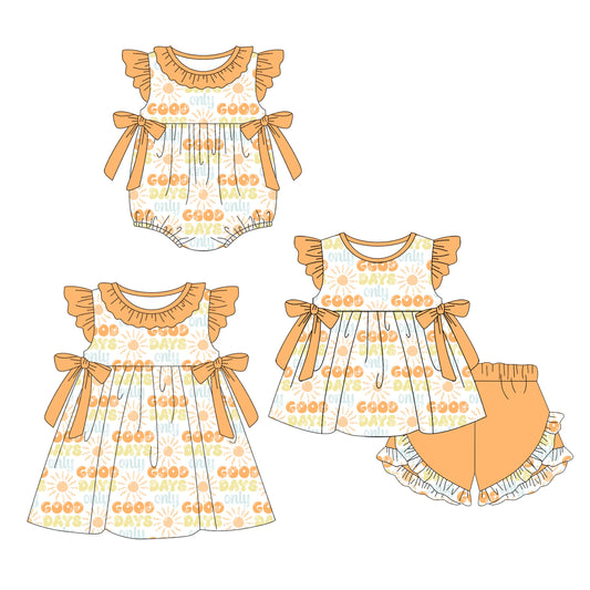4.18 custom each style moq 5eta 4-6week Sibling Sisters GOOD DAYS baby girl short sleeve shorts sets and dress and rompers match family design