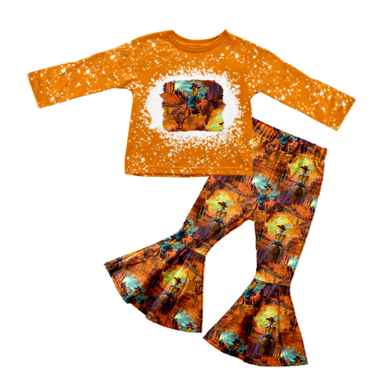 8.28 custom each style moq 5eta 4-6week baby girls riding horse orange long sleeve pants sets