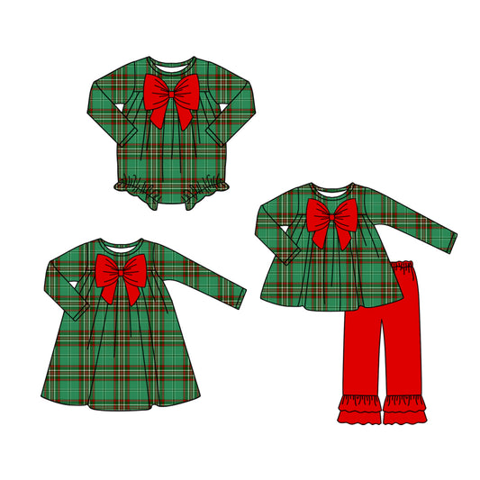 25.7.25 custom each style moq 5eta 4-6week Sibling Sisters Christmas green baby girl long sleeve pants sets and dress and rompers match family design