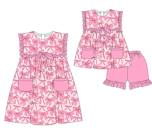 3.5 custom each style moq 5eta 4-6week Sibling Sister bow baby girl short sleeve shorts sets and dresses match design