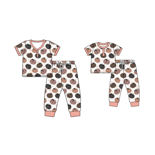 4.28 custom each style moq 5eta 4-6week Sibling Sister pumpkin short sleeve pants sets and adult sets match design