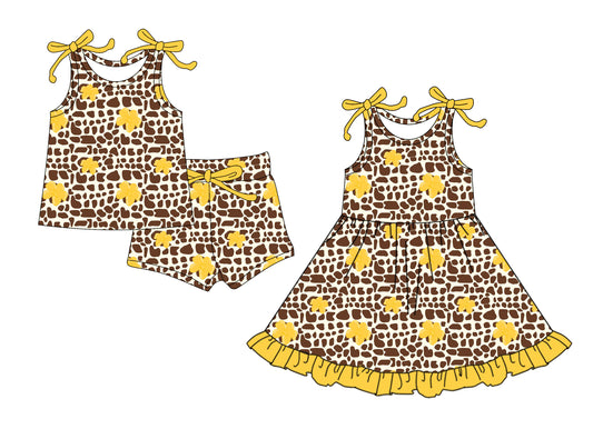 4.15 custom each style moq 5eta 4-6week Sibling Sister leopard baby girl short sleeve shorts sets and dresses match design