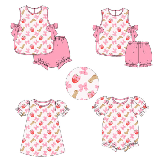 11.11 custom each style moq 5eta 4-6week Sibling Sister strawberry bow boots baby girl short sleeve shorts sets and briefs sets 2 and girls romper and dress match design