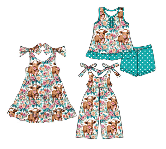 3.21 custom each style moq 5eta 4-6week Sibling Sister horse floral baby girl short sleeve shorts sets and dresses and jumpsuit match design