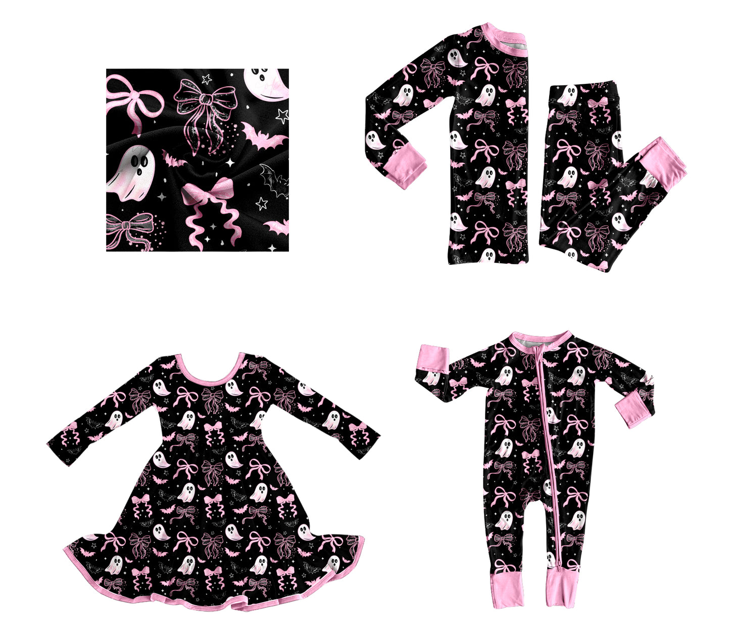 25.8.6 custom each style moq 5eta 4-6week Sibling Sisters ghost bow baby girl long sleeve pants sets and dress and rompers match family design