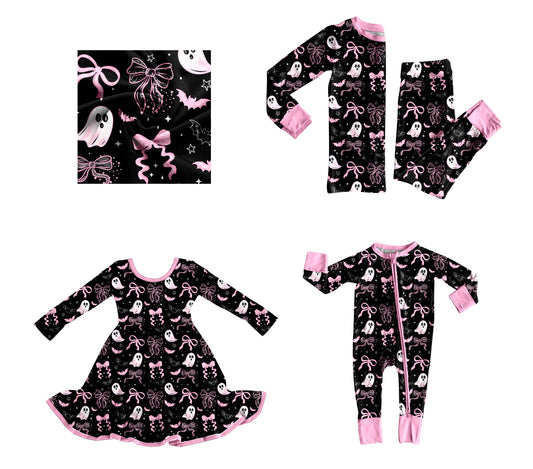 25.8.6 custom each style moq 5eta 4-6week Sibling Sisters ghost bow baby girl long sleeve pants sets and dress and rompers match family design