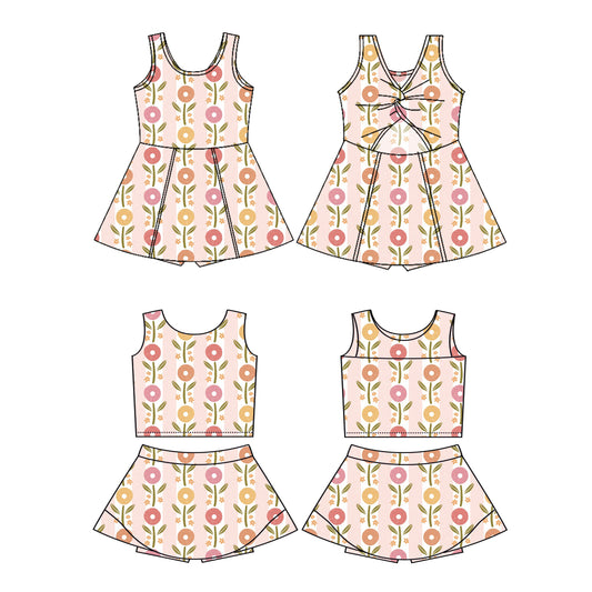4.24 custom each style moq 5eta 4-6week Sibling Sister floral baby girls clothes Short sleeve yoga dress 1 and dress 2 match family design