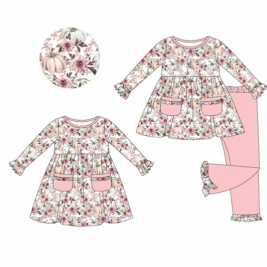 25.5.21 custom each style moq 5eta 4-6week Sibling Sisters pumpkin floral baby girl long sleeve pants sets and dress match family design
