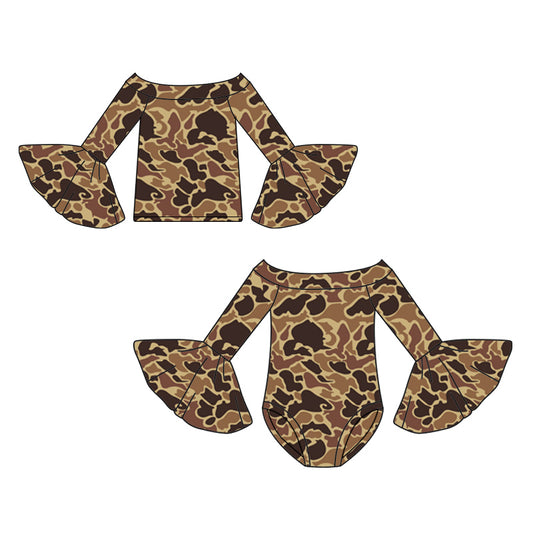 25.7.23 custom each style moq 5eta 4-6week Sibling Sisters camouflage baby girl long sleeve romper and top match family design
