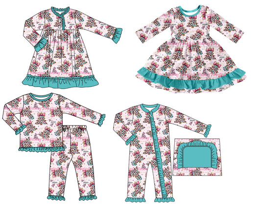 25.7.24 custom each style moq 5 eta 4-6week Sibling Sisters Christmas trees bow baby girl long sleeve pants sets and romper and dress 1 and dress 2 match family design