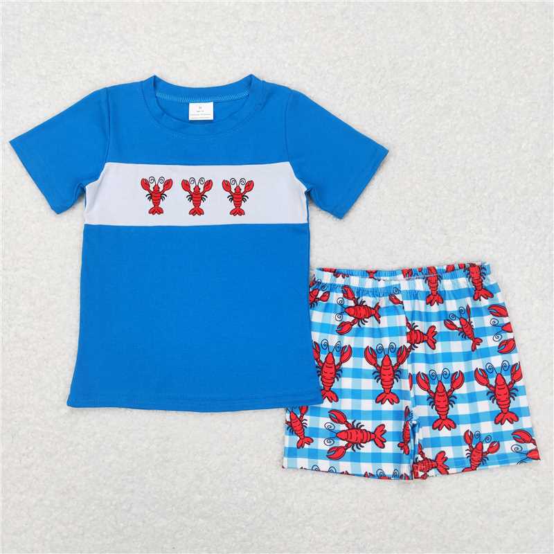 Baby boys lobster print blue Sibling Sister Clothes Sets