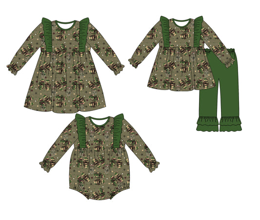 25.6.11 custom each style moq 5eta 4-6week Sibling Sisters camouflage bow baby girl long sleeve pants sets and dress and rompers match family design
