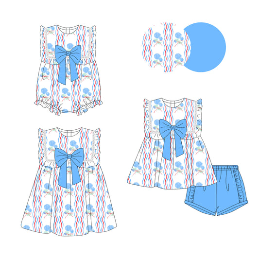3.14 custom each style moq 5eta 4-6week Sibling Sisters bow floral baby girl short sleeve shorts sets and dress and rompers match family design