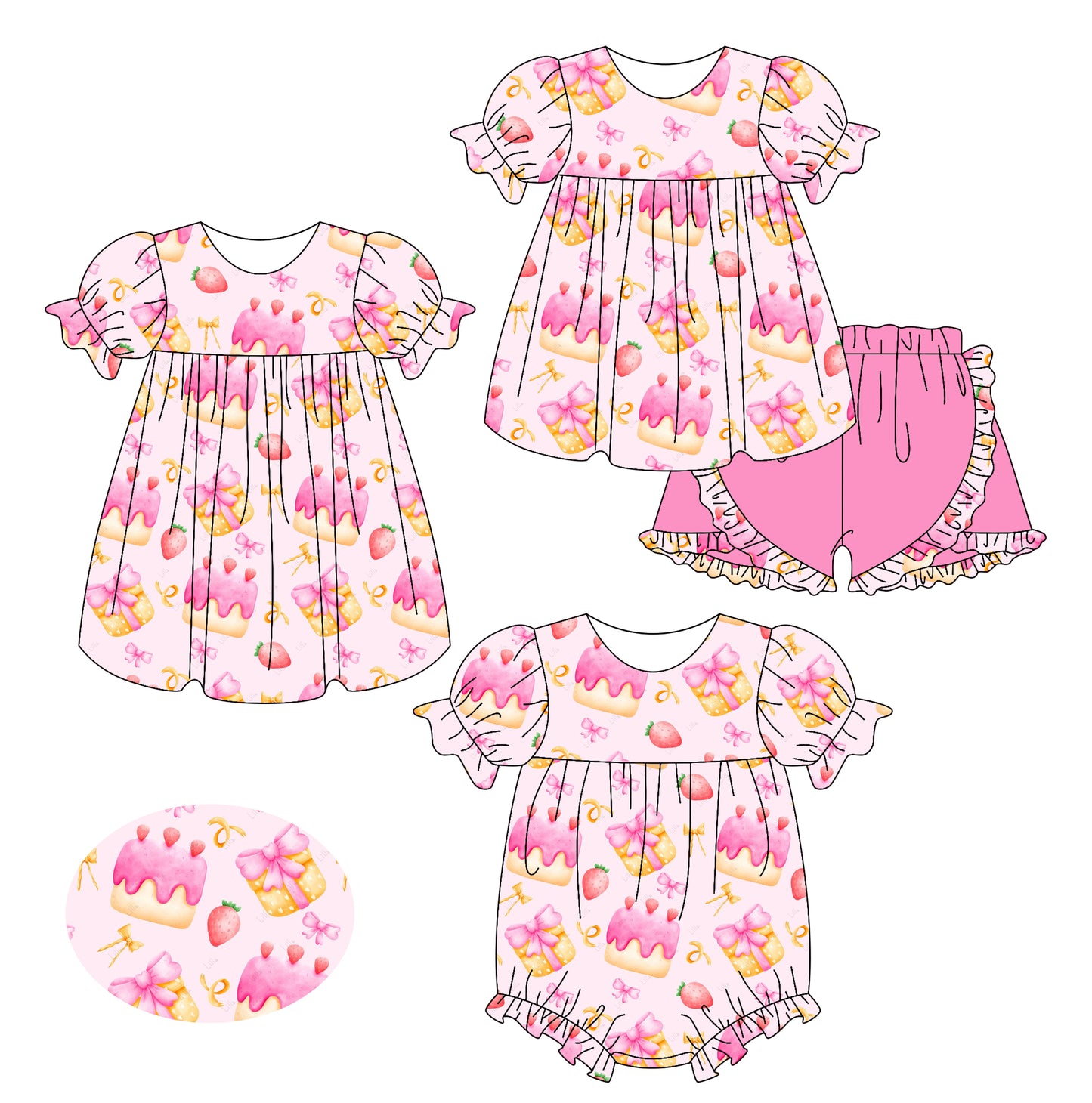 2.15 custom each style moq 5eta 4-6week Sibling Sisters cake bow baby girl short sleeve shorts sets and dress and rompers match family design