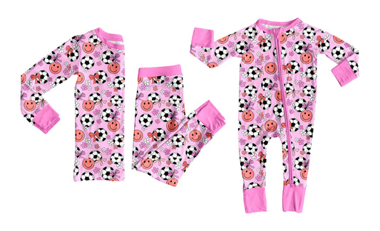 25.6.26 custom each style moq 5eta 4-6week Sibling Sisters soccer smiley pink baby girl long sleeve pants sets and rompers match family design