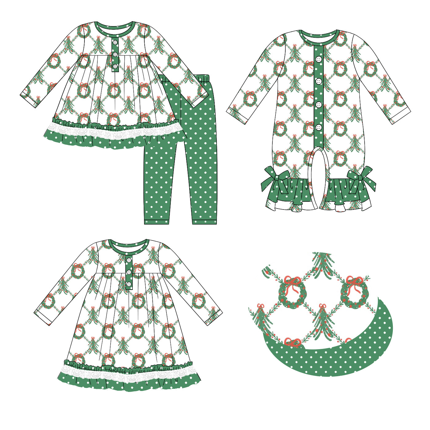 25.6.21 custom each style moq 5eta 4-6week Sibling Sisters Christmas bow green baby girl long sleeve pants sets and dress and rompers match family design
