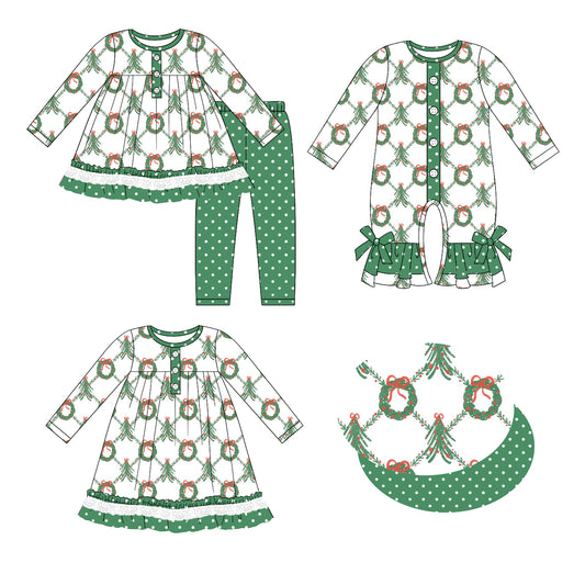 25.6.21 custom each style moq 5eta 4-6week Sibling Sisters Christmas bow green baby girl long sleeve pants sets and dress and rompers match family design