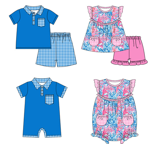 11.18 custom each style moq 5eta 4-6week Sibling Sister floral pattern baby girl short sleeve shorts sets and sets 2 and girls romper and boy romper match design