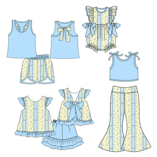 5.6 custom each style moq 5eta 4-6week Sibling Sisters floral blue baby girl short sleeve shorts sets 1 and sets 2 and pants sets and rompers match family design