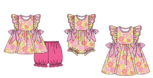 11.27 custom each style moq 5eta 4-6week Sibling Sister floral baby girl short sleeve shorts sets and dress and rompers match family design