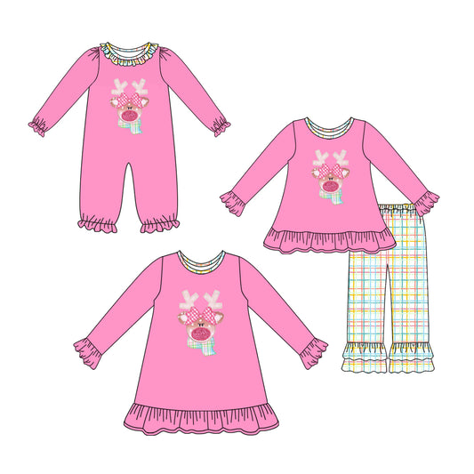 25.7.9 custom each style moq 5eta 4-6week Sibling Sisters deer pink baby girl long sleeve pants sets and dress and rompers match family design