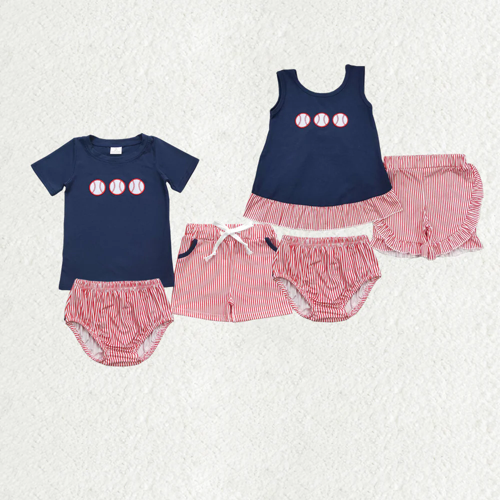 RTS NO MOQ Sibling baby boys girls clothes Embroidery baseball short-sleeved shorts suit & short-sleeved sets and briefs sets