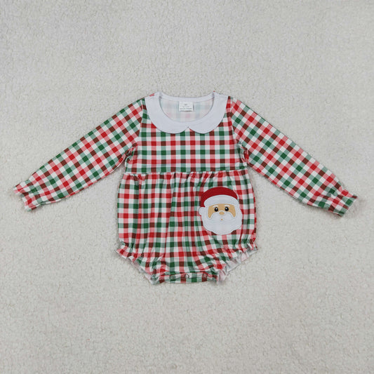 RTS NO MOQ（In Stock) LR2357 Embroidered Santa Claus red and green plaid long-sleeved bodysuit with a doll collar