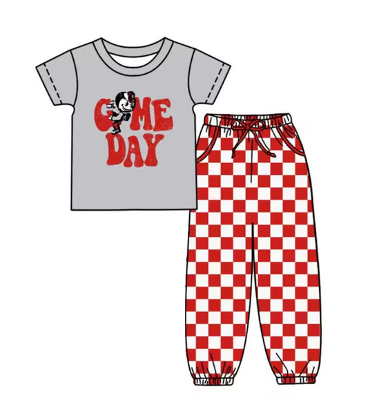 Custom summer teams baby boy clothes team GAME DAY red plaid short sleeve pants sets-25.8.30