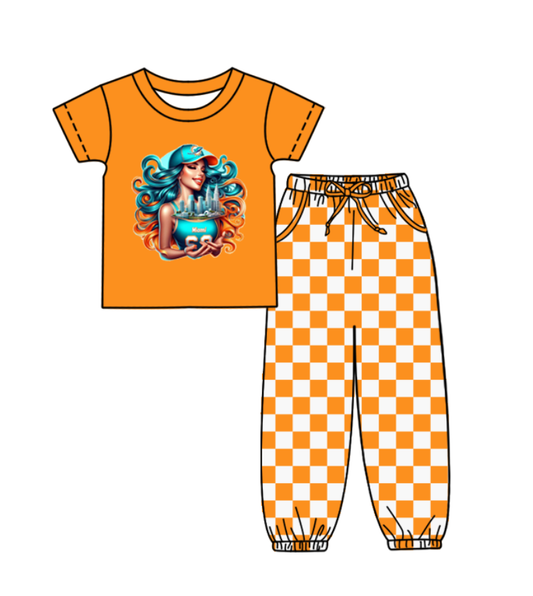 Custom moq 8 mix size milk silk summer teams baby boy clothes orange plaid short sleeve pants sets-25.9.30