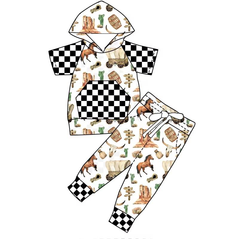 Custom moq 5 each style eta 6-7weeks baby boy clothes summer hooded short sleeve pants sets 6-25.7.24