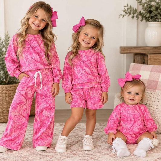 RTS NO MOQ Sibling milk silk Adult To Match Kids High Neck Pink Camo Long Sleeve Top Drawstring Pants Outfit Romper