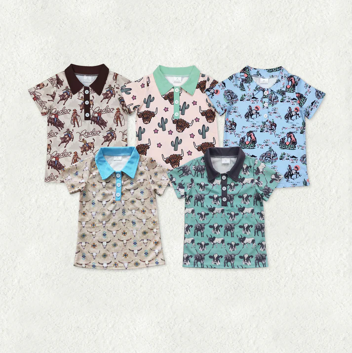 RTS NO MOQ Sibling Baby kid clothes pullover cow head button short sleeve tops
