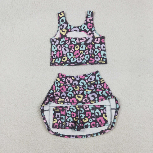 RTS NO MOQ Sibling Baby Girls Sleeveless Colorful Leopard Print Yoga Set Vest Skirt Shorts Active Wear Outfit for Toddlers