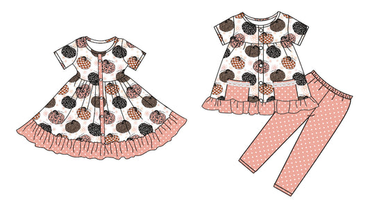 4.28 custom each style moq 5eta 4-6week Sibling Sister pumpkin baby girl pants sets and dress match family design