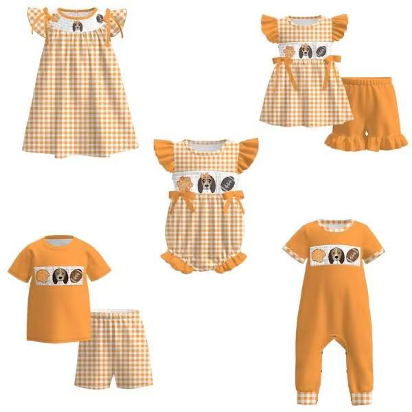 Custom summer teams baby girls clothes team orange short sleeve shorts sets dress romper-25.7.15