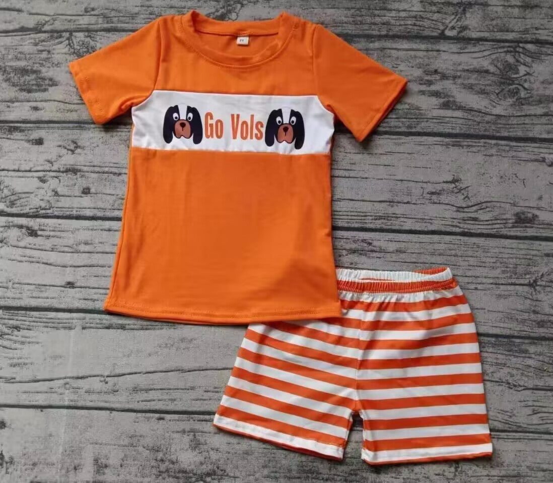 custom moq 3 eta 6-7weeks Orange Puppy Short Sleeve Top-Striped Shorts Set