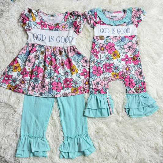 RTS NO MOQ Sibling baby Girls clothes Sky Blue Short Sleeve Dress and dress