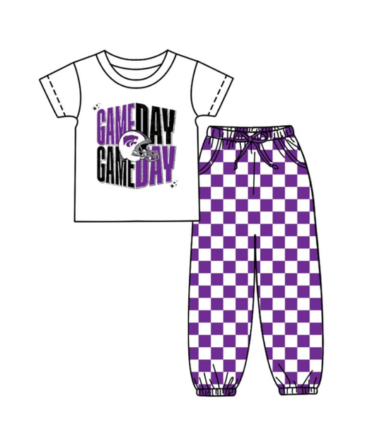 Custom summer teams baby boy clothes team GAME DAY purple plaid short sleeve pants sets-25.8.22
