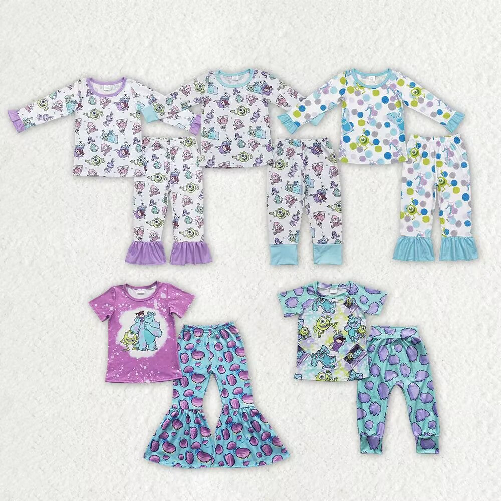 RTS NO MOQ Monsters Academy Printed Long Sleeve Set & Short Sleeve Flared Pants Set