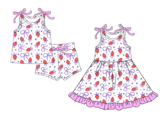 4.9 custom each style moq 5eta 4-6week Sibling Sister strawberry bow baby girl short sleeve shorts sets and dresses match design