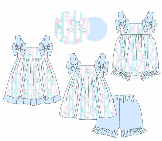 1.20 custom each style moq 5eta 4-6week Sibling Sisters bow baby girl short sleeve shorts sets and dress and rompers match family design