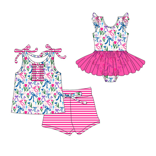 3.13 custom each style moq 5eta 4-6week Sibling Sister bow baby girl short sleeve shorts sets and romper match design