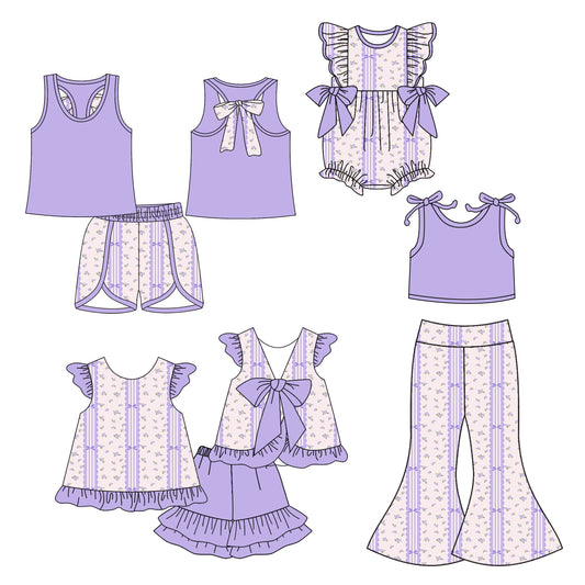 5.6 custom each style moq 5eta 4-6week Sibling Sisters purple floral baby girl short sleeve shorts sets 1 and sets 2 and pants sets and rompers match family design