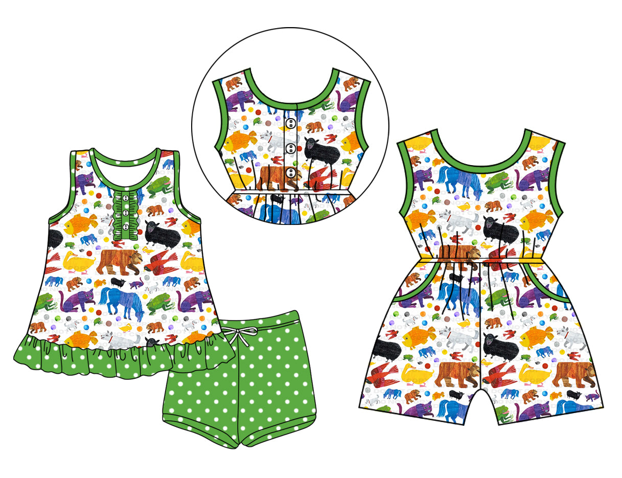 3.24 custom each style moq 5eta 4-6week Sibling Sister cow horse baby girl short sleeve shorts sets and jumpsuit match design