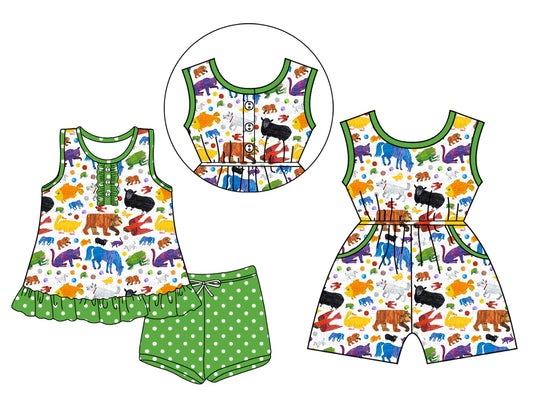 3.24 custom each style moq 5eta 4-6week Sibling Sister cow horse baby girl short sleeve shorts sets and jumpsuit match design