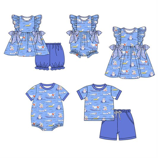 11.27 custom each style moq 5eta 4-6week Sibling Sister puppy baby girl short sleeve shorts sets and sets 2 and girls romper and boy romper and dress match design