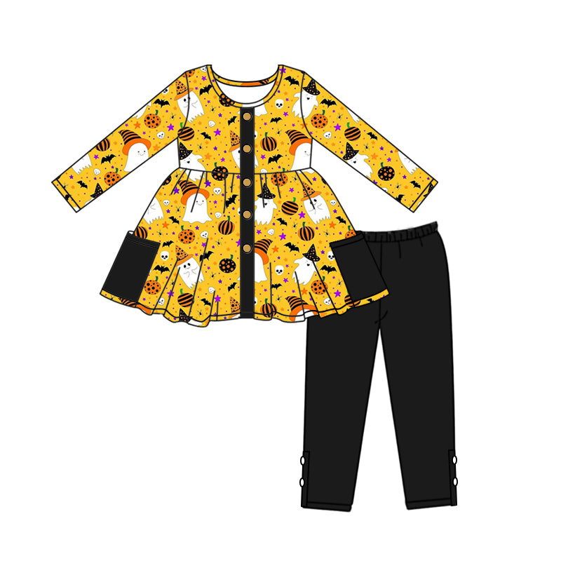 5.9custom each style moq 5eta 4-5week Sibling Sister Halloween ghost prints yellow girls set and dress match family design