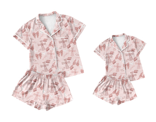 12.6 custom each style moq 5eta 4-6week Sibling Sister easter bow baby boys short sleeve shorts sets and adult sets match design