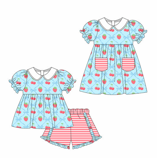 11.6 custom each style moq 5eta 4-6week Sibling Sister strawberry blue baby girl short sleeve shorts sets and briefs sets and dresses match design